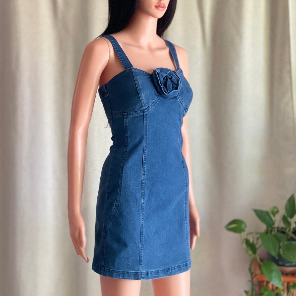 NWT Anthropologie Porridge Rosette Denim Slim Mini Dress Blue Cottagecore Sz XS